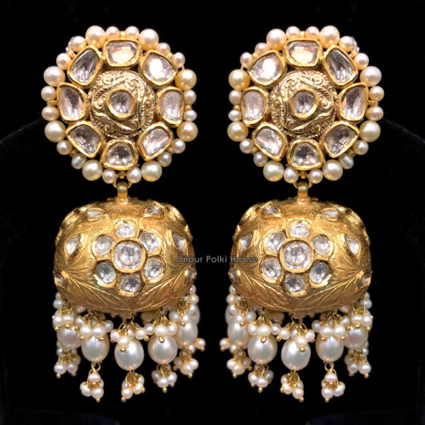 ER175 Uncut Diamond Polki And Cultured Pearls Jadau 18k Gold Jhumka Earrings