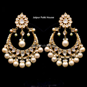 ER176 Anniversary Gift 18k Gold Uncut Polki Diamond Pearls Chandbali Earrings