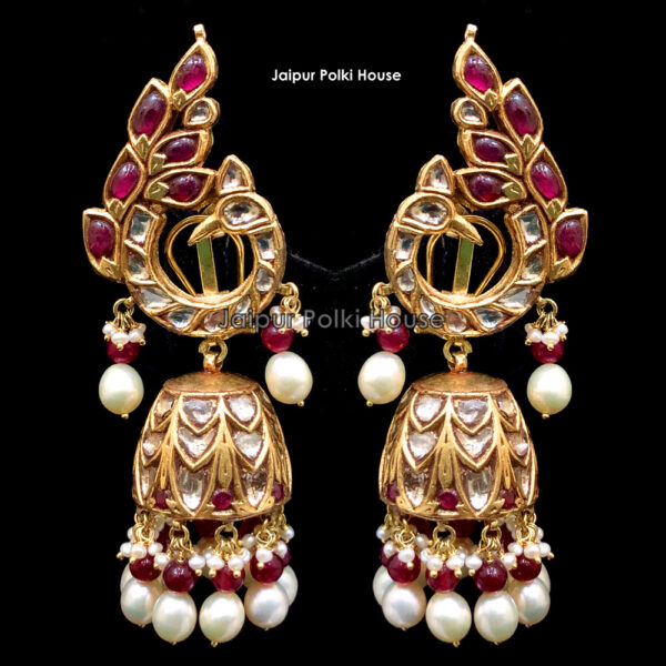 ER183 Jaipur Jewellery 22k Gold Uncut Diamond Polki GF Ruby Cultured Pearls Peacock Earrings