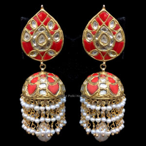 ER188 Uncut Polki Real Coral And Pearls 22k Gold Jhumka Earrings