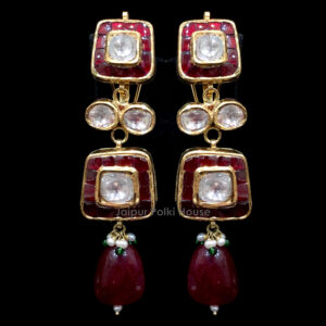 ER190 Wedding 18k Gold Jewellery Uncut Polki & Ruby Long Earrings