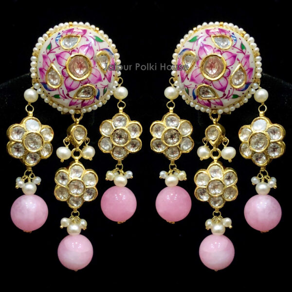 ER193 18k Gold Uncut Diamond Polki & Pink Coral Minakari Earrings