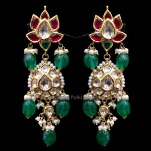 ER198 Authentic 18k Gold Jewellery Uncut Polki And Ruby Earrings