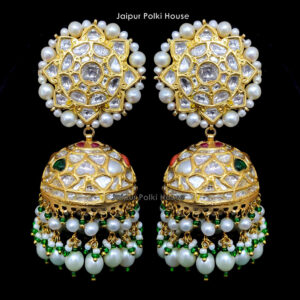 ER205 18k Gold Uncut Diamond Polki Cultured Pearl Jhumka Earrings