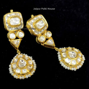 ER207 18k Gold Uncut Diamond Polki Cultured Pearls Long Earrings