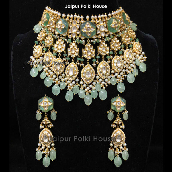 NK141 18k Gold Uncut Diamond Polki Fluorite Pearls Jadau Necklace Set