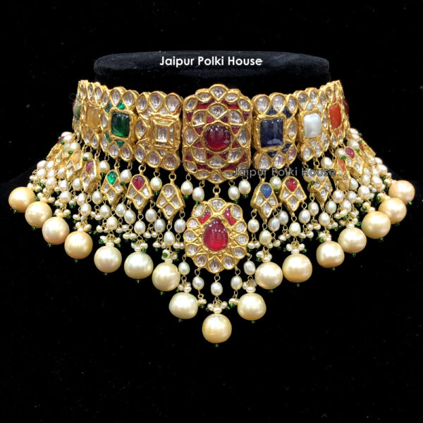 NK149 18k Gold Uncut Diamond Polki Real Navratna Gemstone Necklace